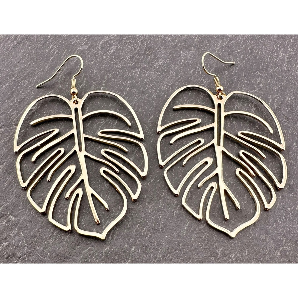 Large Tropical Gold Tone Monstera Palm Leaf Earrings